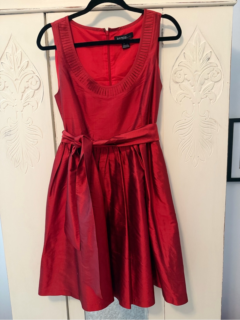 Kensie Red Pleated Trim Satin Party Dress